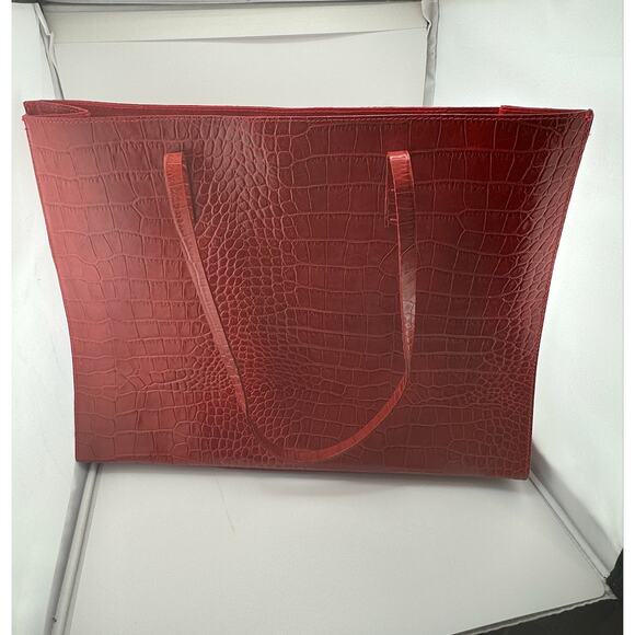 NWOT VTG Red Leather Exotic Croc Embossed Shoulder Tote Purse Laptop‎ Bag Italy - Picture 1 of 8